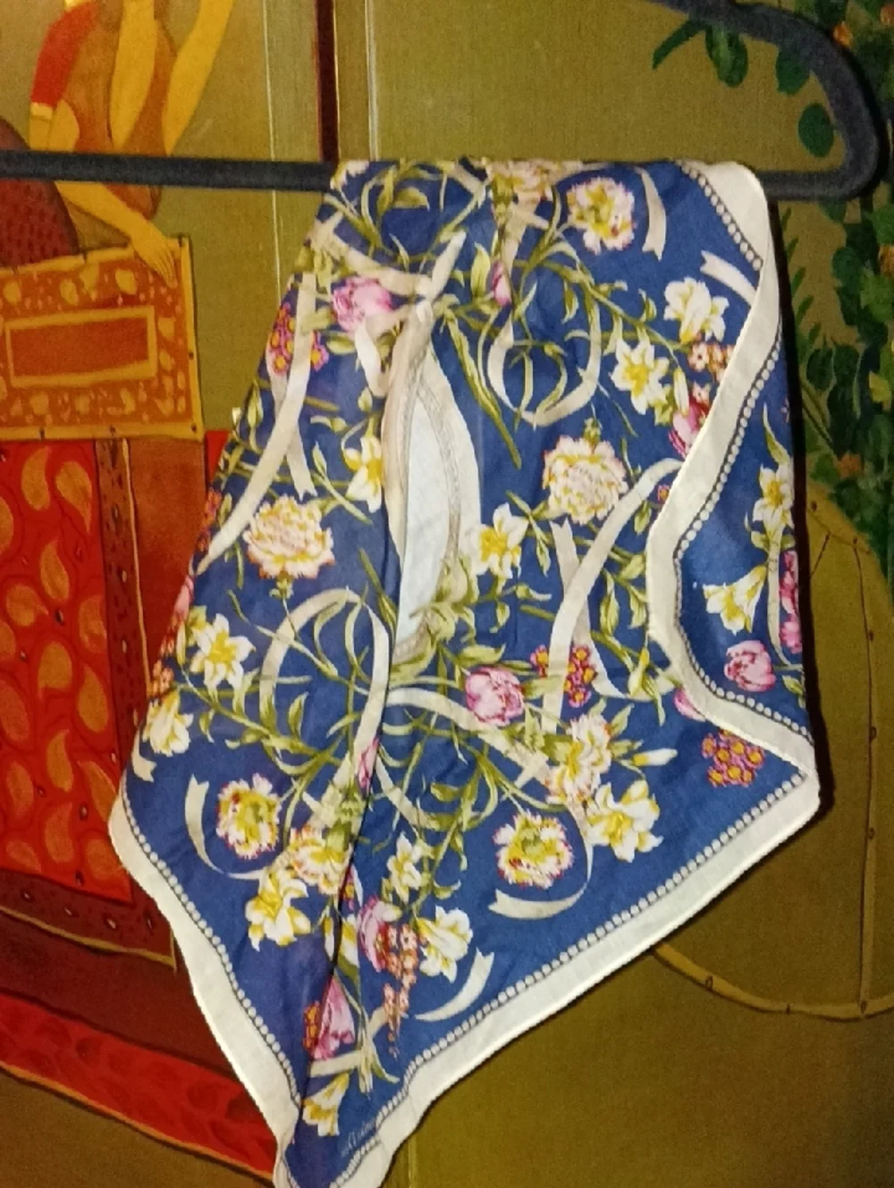 Vintage Blue Floral Christian Dior Square Scarf with Central Medallion
